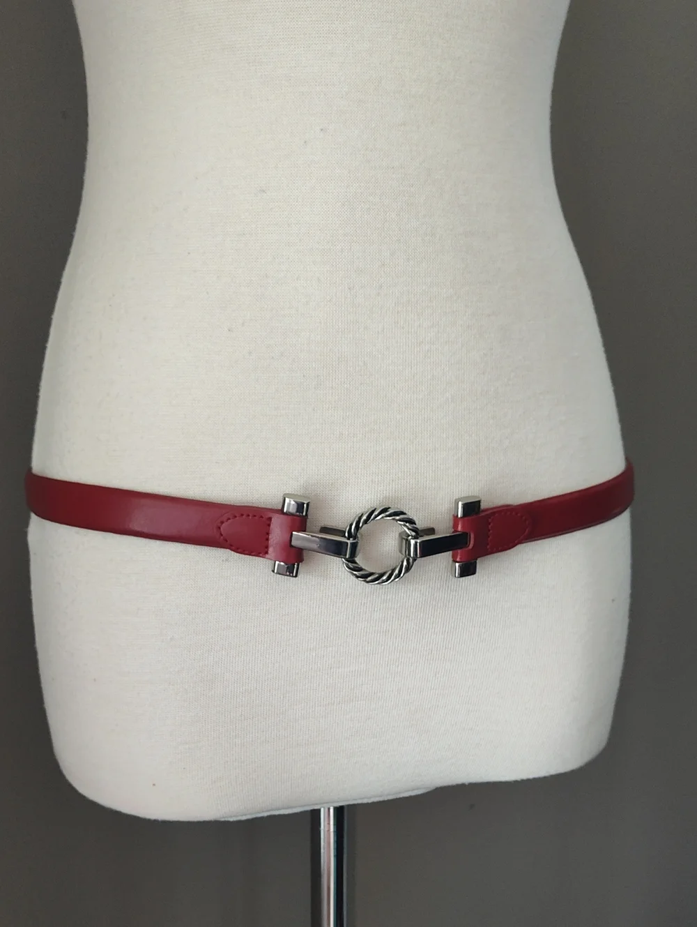 Red Adjustable Genuine Leather Belt with Silver Twisted Ring Buckle